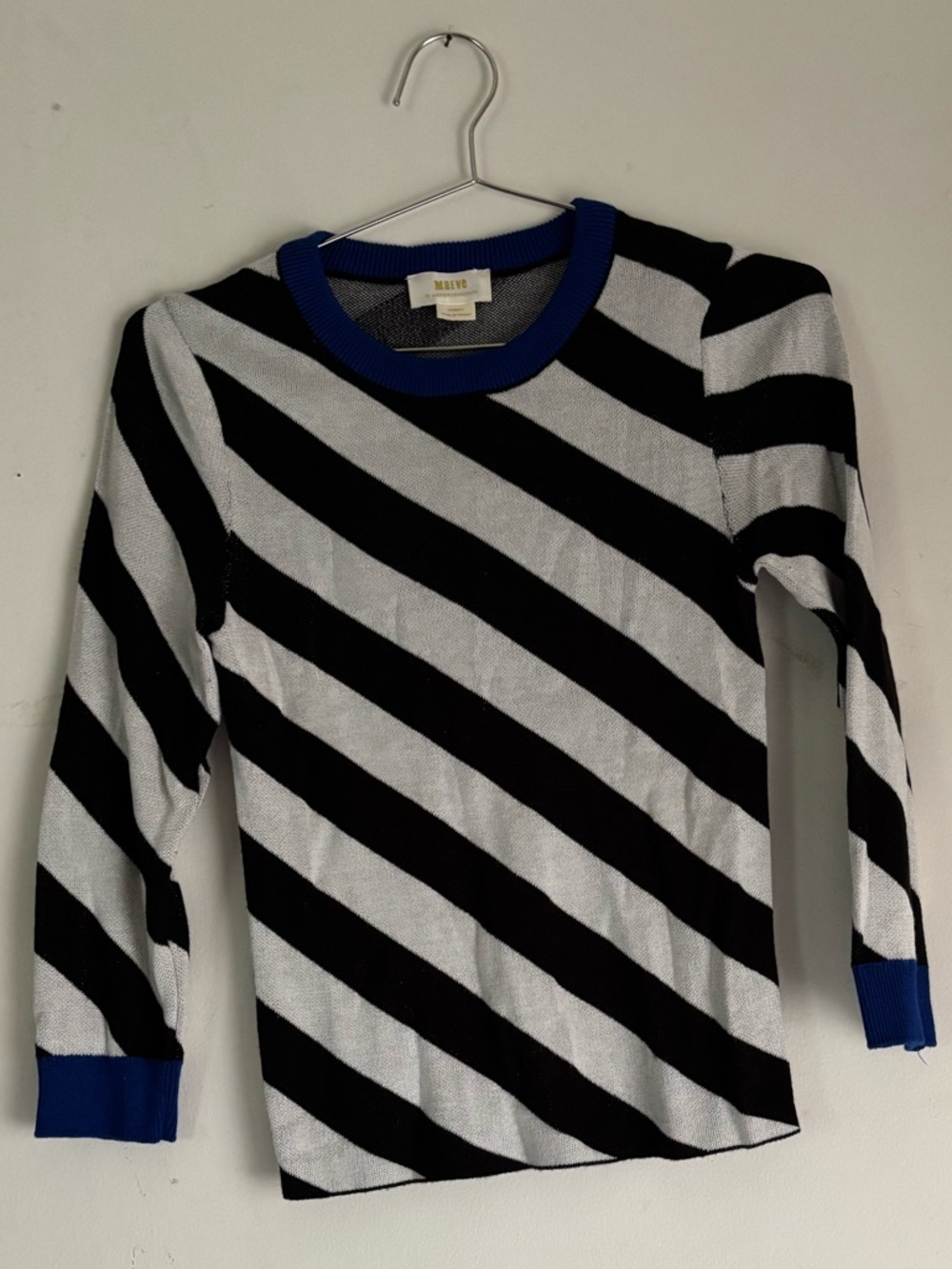 Maeve Black and White Striped Sweater with Royal Blue Trim
